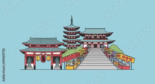 Japanese Temple Gate and Pagoda with Food Stalls - Traditional East Asian Architecture and Cultural Celebration Illustration