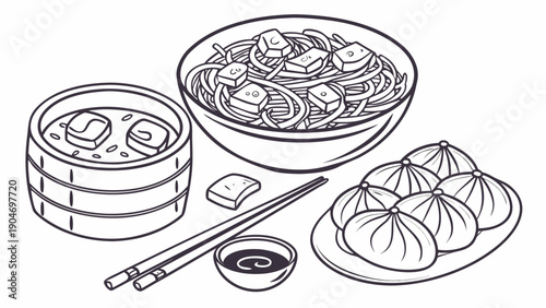 Hand drawn sketch of a variety of traditional chinese dishes including noodle soup and dumplings