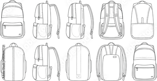 Backpack line art illustration set, school and travel bag outline views, front side back angles, minimal vector design collection