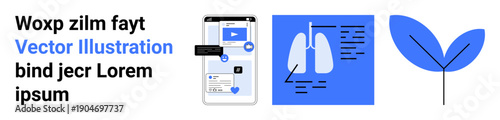 Health innovation, sustainability, modern design, medical apps, eco-awareness, diagnostics. Smartphone app, lung x-ray icon and leaf symbol. Health innovation and sustainability showcase future