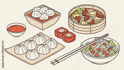 Assorted traditional chinese dim sum and noodle dishes presented in a minimalist illustration style