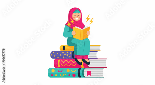 Smiling Muslim woman in a pink hijab joyfully engrossed in reading a book, sitting atop a vibrant stack of educational literature, symbolizing knowledge and learning.