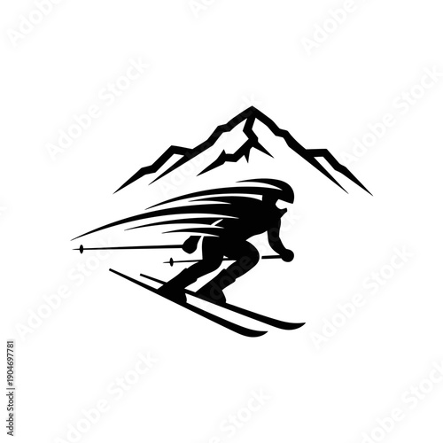 Dynamic alpine downhill skiing silhouette racing past a snowy mountain backdrop.