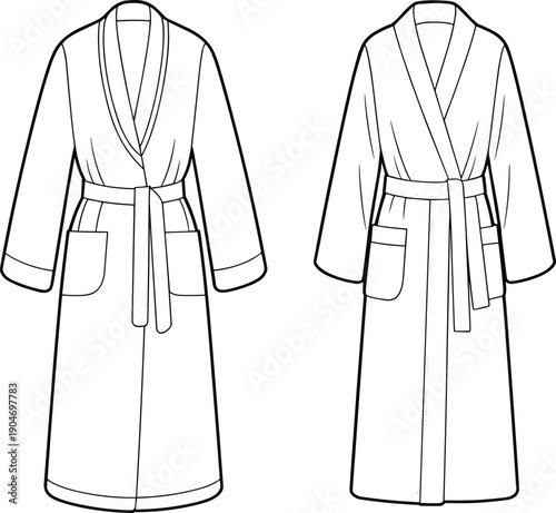 Bathrobe technical fashion illustration, front and back view belt tied robe, long sleeve loungewear garment line drawing vector design