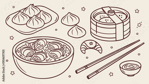 Hand drawn line art of traditional chinese dim sum with soup dumplings wontons and chopsticks
