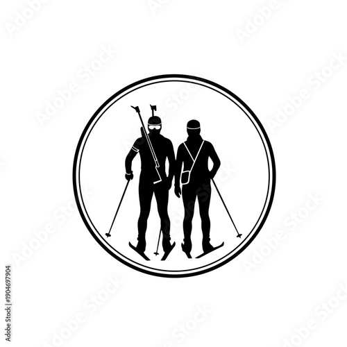 Silhouetted soldiers with rifles standing together inside a circular emblem.