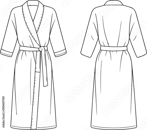 Bathrobe technical fashion illustration, front and back view line drawing of belt tied robe for apparel design sewing pattern