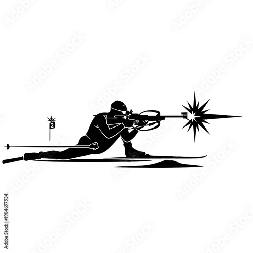 Silhouette of a prone shooter in a precise rifle aiming stance during a shooting sport composition.