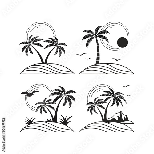 Tropical Palm Tree Island Silhouette Vector Set