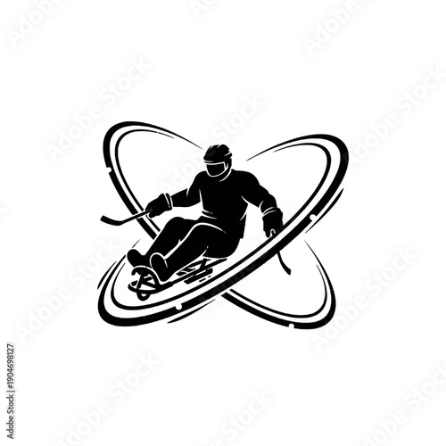 Dynamic space athlete silhouette performing stunt inside orbit rings logo.