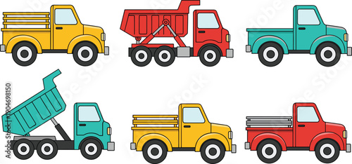 Colorful cartoon vector set of heavy construction trucks including dump trucks and pickup trucks for industrial transport logistics and children educational toy design concepts