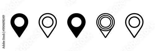 Map pins set with various designs and line styles for location markers featuring navigation, GPS, direction with pointer and icons elements for symbols, black projects, clean composition on simple