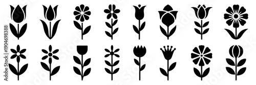 Flowers silhouette set with black floral designs and various leaf arrangements featuring silhouettes, leaves, icons with graphics and botanical elements for simple, minimalist projects, clean