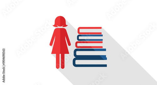 Woman standing next to stack of books, symbolizing education, learning, reading, knowledge and information