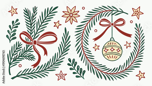 Various Christmas elements including fir branches with red bows, a hanging circular ornament, golden stars, and spice pods are on a background.