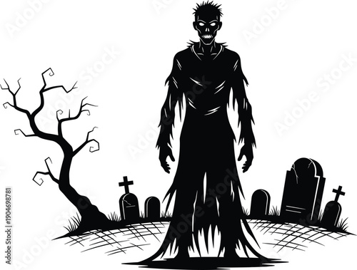Creepy zombie silhouette in a spooky graveyard with tombstones and a dead tree for Halloween parties, horror posters, macabre designs, and gothic holiday illustrations. (25 words)