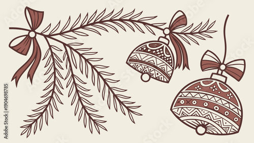 A hand drawn brown line art illustration of a large fir tree branch next to two hanging decorative bells with bows on a cream background.