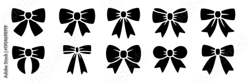 Bows ribbon silhouette set with cute decorative gift bow icons in black, simple flat vector style for wrapping, wedding invitations, logo design and holiday cards