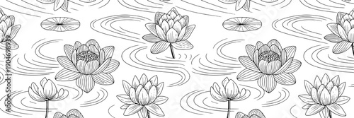 Water lilies line vector set with ripples and serene flowers featuring black and white, pond, aquatic with plants and nature elements for calm, peaceful projects, clean composition on simple