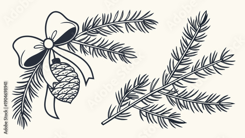 A dark line art illustration of a fir branch adorned with a bow and a pinecone ornament alongside a separate multi-pronged evergreen branch.