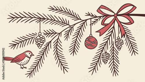 Vintage christmas pine branch illustration with a red bird and festive decorations