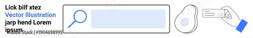 Data identification, verification, search tools, modern design, identity authentication, digital services. Search bar with magnifying glass, abstract shape and hand holding ID card. Data
