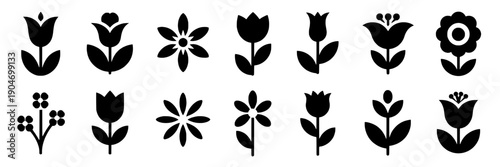 Flowers silhouette set with various designs and black color on white background simple featuring floral, icons, graphics with decorative and botanical elements for minimalist, illustration projects,