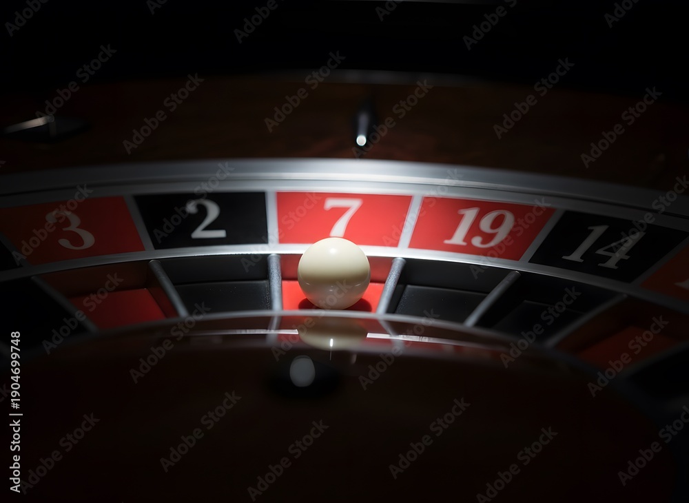 Obraz premium Close-up of Roulette Wheel with White Ball on Red Number Seven Slot