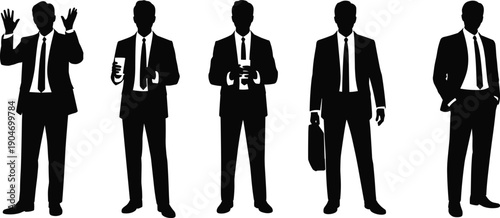 Businessman silhouette illustration set, professional male figures in suits standing poses, corporate people icons isolated, minimalist vector design