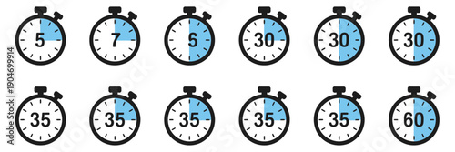 Timer clock, stopwatch set icons with different time, countdown timer symbol icon set, sport clock with time meaning, label cooking symbols, stopwatch intervals signs – vector