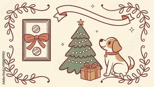 Cute puppy sitting next to a decorated christmas tree with a gift box and festive banner