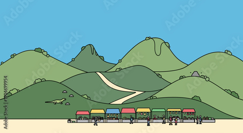 A Vibrant Outdoor Market Scene Depicting Colorful Stalls and Shoppers Against a Backdrop of Rolling Green Hills and a Clear Blue Sky