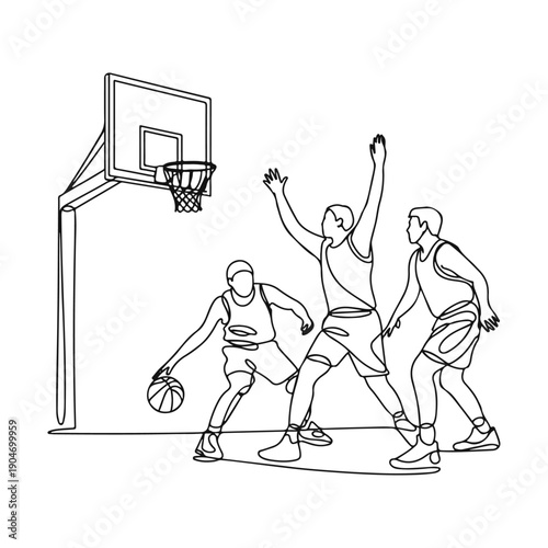 Basketball Game in Line Vector Art, Capturing a dynamic moment in a basketball game, showcasing skillful players in action.