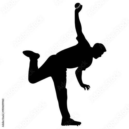 Silhouette Cricket Bowling Action of Cricket Player, A dynamic silhouette captures a cricket player mid-action, poised to deliver a powerful bowl with perfect form, embodying athleticism and precision