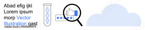 Science, research, data analysis, cloud computing, quality assurance, DNA testing. Test tube with DNA strand and hand selecting star ratings. DNA testing and data analysis concept