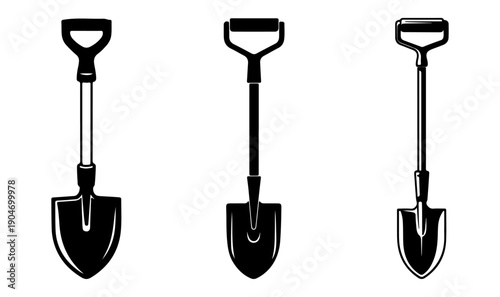 Shovel Trio Vector Set, A graphic depiction of three shovels, tools essential for construction and excavation, are presented in this graphic. The image focuses on the tools' simple design.