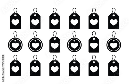 Collection of vector black heart-shaped price tags and labels in various designs.