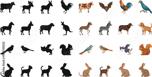 Cute farm and wild animals with black silhouettes, vector icons for educational matching games, shadow finding puzzles, children learning