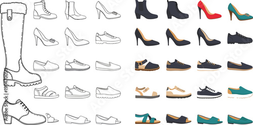 Diverse footwear collection including winter boots, high heels, casual sneakers, and flat sandals in both colorful flat and line art styles