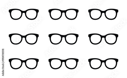 Grid layout of nine matching vector eyeglasses icons arranged in rows