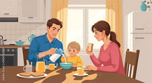 A happy family enjoying a healthy breakfast together at the kitchen table with milk, juice, and toast