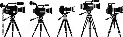 Diverse video cameras mounted on tripods, film production tools, broadcast recording equipment, media industry vector illustration design concepts
