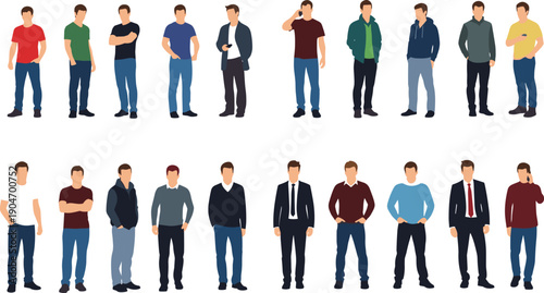 Men in casual and formal clothing standing in various poses, vector collection for fashion, business, and lifestyle graphic design projects.