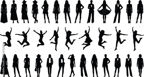 Silhouette of woman jumping and standing poses, business female vector collection, black people shape, happy girls illustration, fashion ladies group
