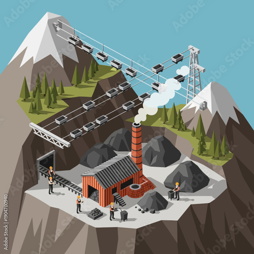 Industrial mining operation in a mountainous landscape with extraction and processing facilities.