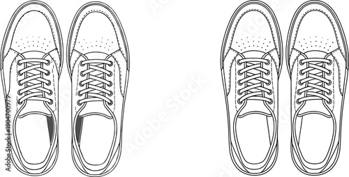 Sneakers line art vector illustration top view two pairs sport shoes design outline black and white footwear graphic