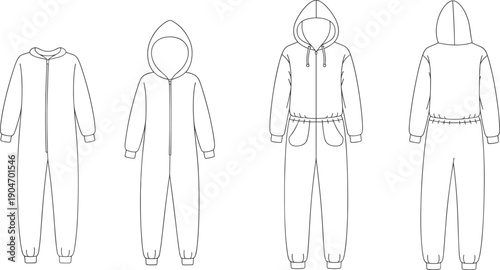 Hooded jumpsuit outline set, hoodie romper line art, front and back views, minimalist clothing vector template, isolated apparel illustration