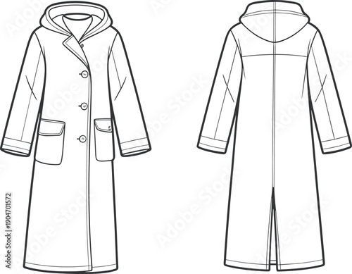 Hooded long coat technical fashion illustration, front and back view line drawing for apparel design pattern development sewing tailoring vector