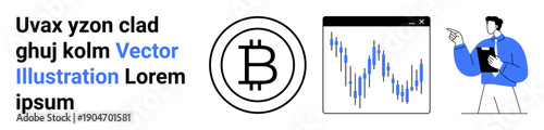 Cryptocurrency, finance analysis, blockchain technology, investment, data monitoring, trading tools. Bitcoin logo, candlestick chart and professional holding clipboard. Cryptocurrency and finance