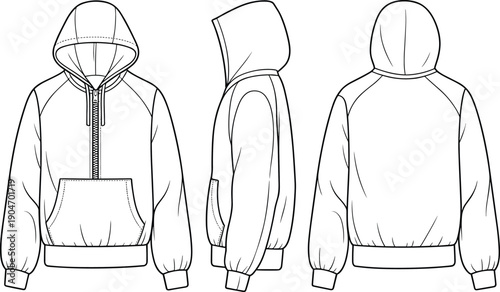 Hoodie technical fashion illustration, front side and back views, zip up hooded sweatshirt line drawing vector for apparel design